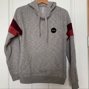 RVCA pullover kangaroo hoodie size M grey with maroon stripe arm banding